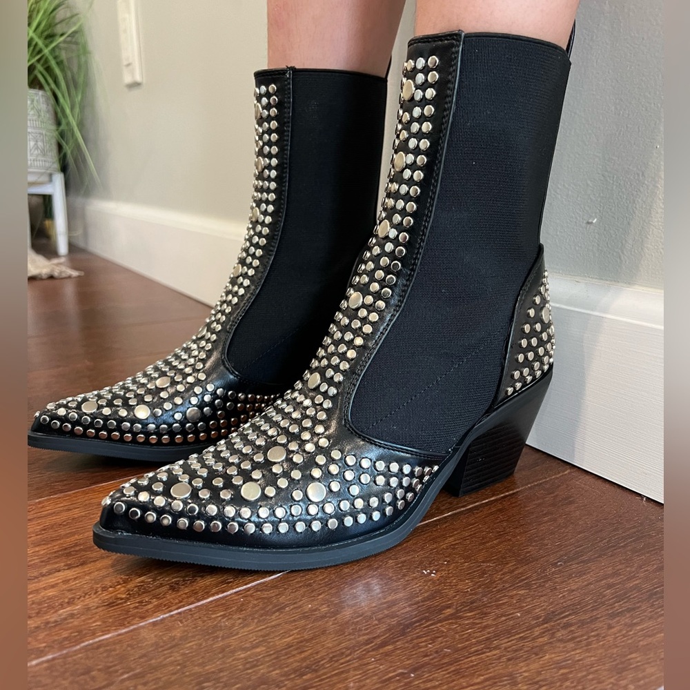 Sergio Todzi Elastic Black Rivets Studded Pointed Toe Ankle Boots NEW!